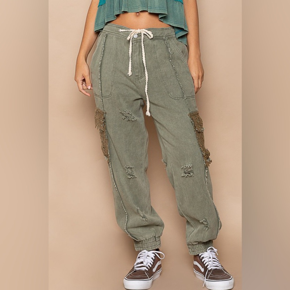 190B. Tie Waistband Cargo Denim Jogger - Green